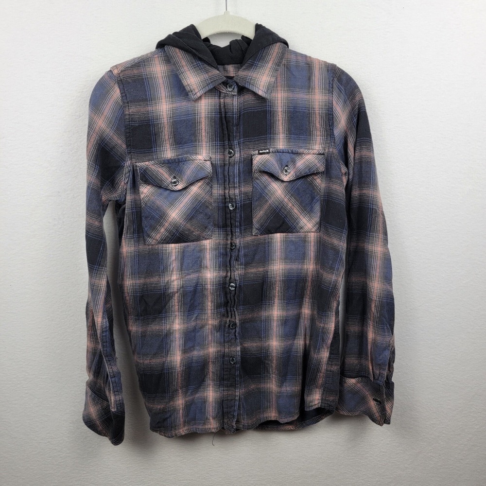 Hurley Button Up Shirt Adult Small Blue/BLack/Pink Plaid Casual Preppy Hood Mens